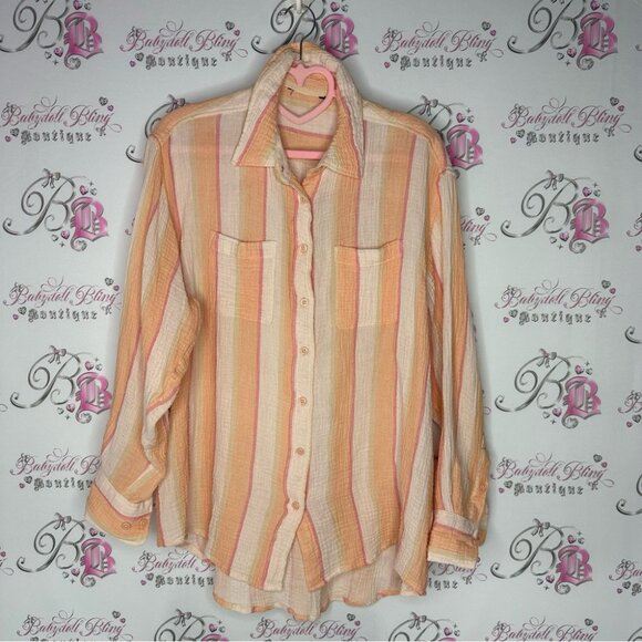 Button up creamsicle striped cream orange soft buttery top comfy oversized - Picture 5 of 11